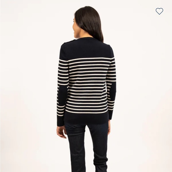NWOT Saint James Bregancon Jacquard striped navy ivory wool sweater elbow patch - Picture 2 of 12